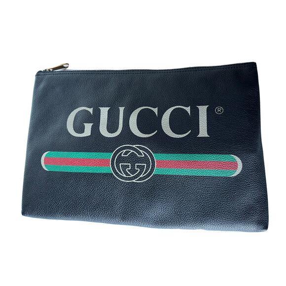 Gucci G Web Gucci Print Zip Around Black Pouch Made in Italy New - Picture 4 of 12